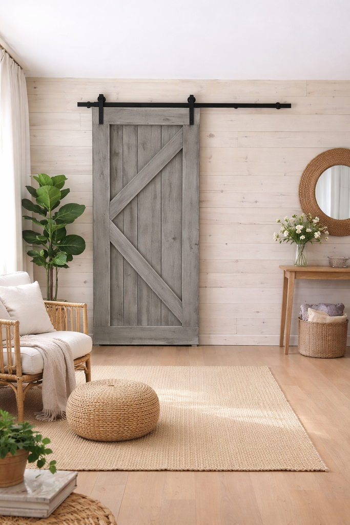 Porte Style Bois de Grange modèle"Fleche"37"L x 82"H - Gris Béton
